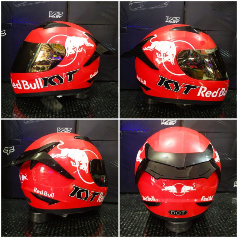 KYT HELM R10 SOLID FIRE RED PAKET GANTENG RED BULL VISOR IRIDIUM + SPOILER