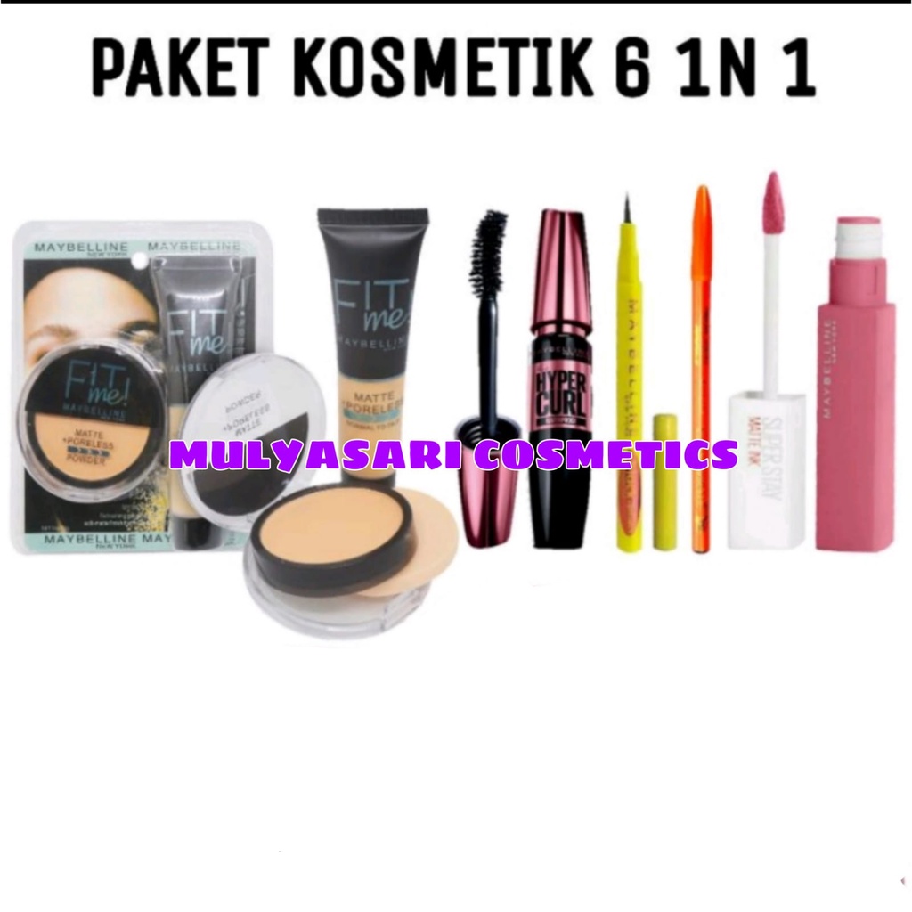 [MURAH] Paket Kosmetik 6 In 1 / Paket MakeUp Wanita Maybelline 1 Paket 6 in 1 - Foundation + Bedak + Maskara Maybelline + Eyeliner + Lipstik + Pensil Alis