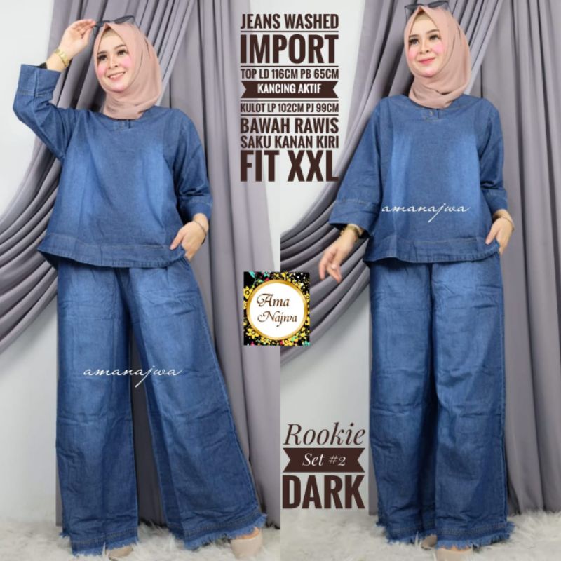 Rokie One Set Setelan Kulot Tunik Jumbo Polos Jeans Wash Ld 116 Fit XXL Aksen Rawis By AMJ