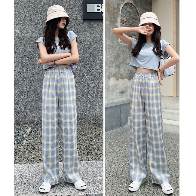 Celana Kotak Kotak Wanita Celana Highwaist Wanita Kulot Celana Korea Pinggang Elastis Celana Tartan