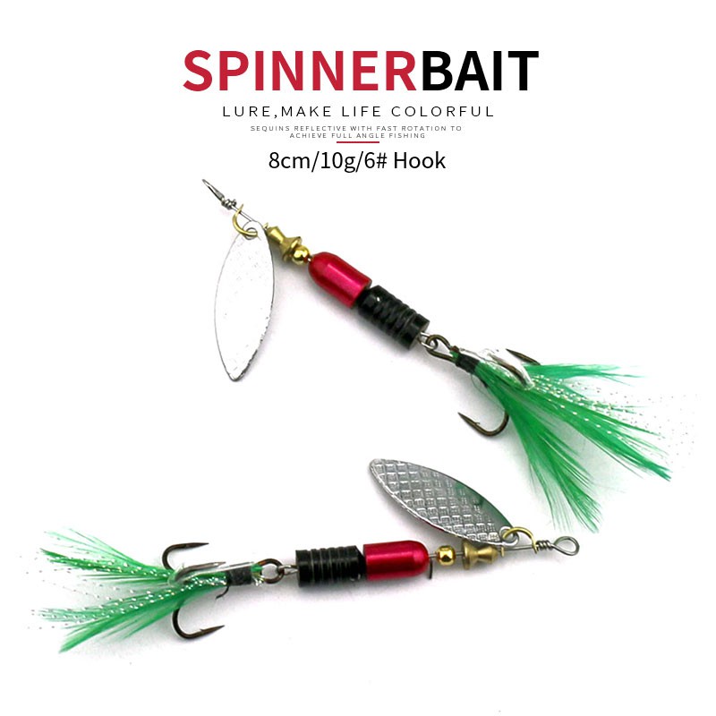 HENGJIA 1Pcs 8cm/10g Umpan Pancing Spoon Bahan Metal Sequin dengan Bulu Fishing Lure Bait Bass Ikan