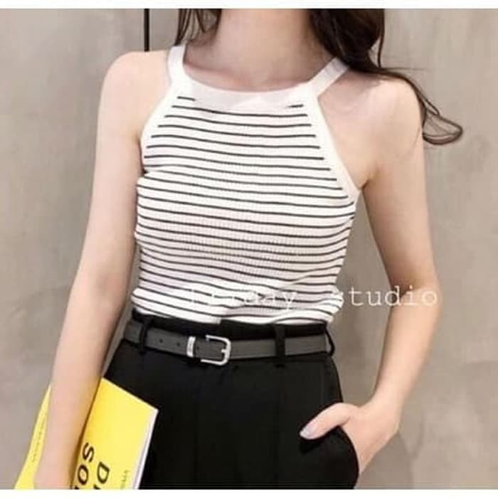 Grosir baju fashion wanita  [Tantop Dora Stripe Rajut White BC]Tanktop wanita rajut stripe putih