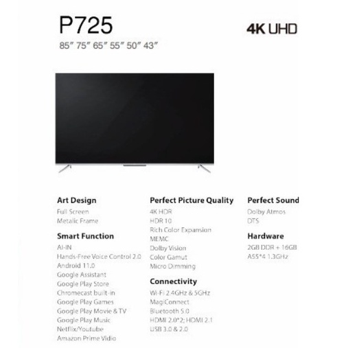 TCL LED Android TV 43&quot; UHD 4K Ultra HD Smart TV 43P725 Voice Control