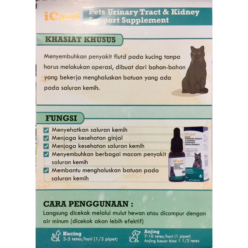 ICARE Pets Urinary Tract &amp; Kidney 20ml Kemih Ginjal Kucing Anjing