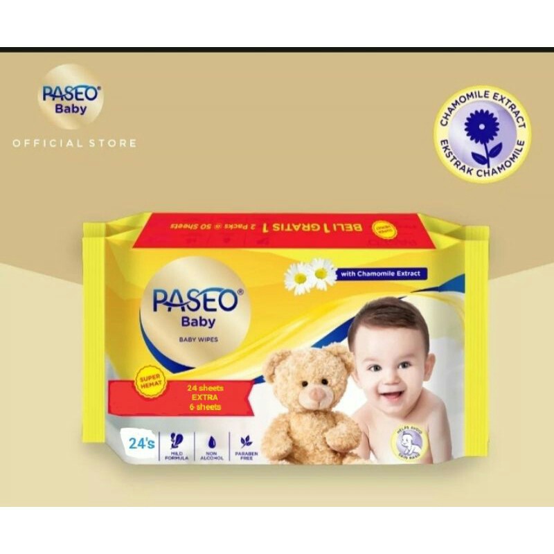 Tisue basah PASEO baby wipes kecil isi 24 sheets XTRA 6 sheets/tisu basah bayi