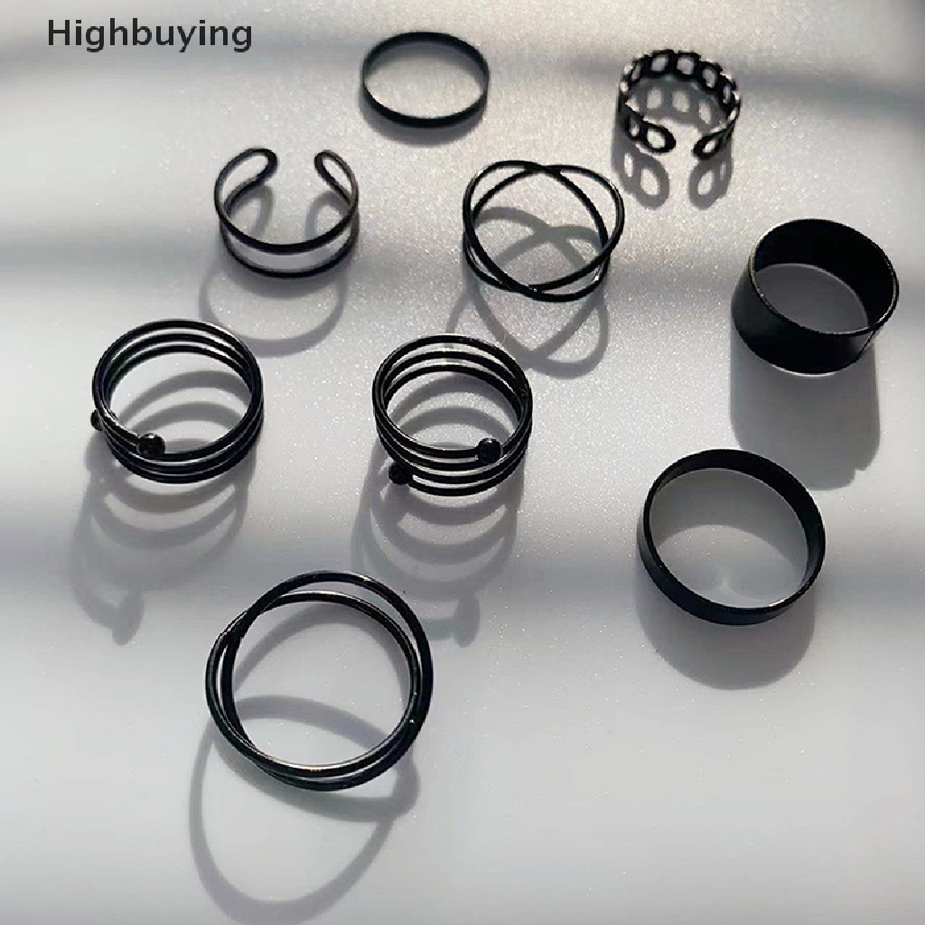 Hbid 3 / 6pcs / Set Cincin Vintage Punk Bentuk Geometri Warna Hitam Metalik Untuk Wanita