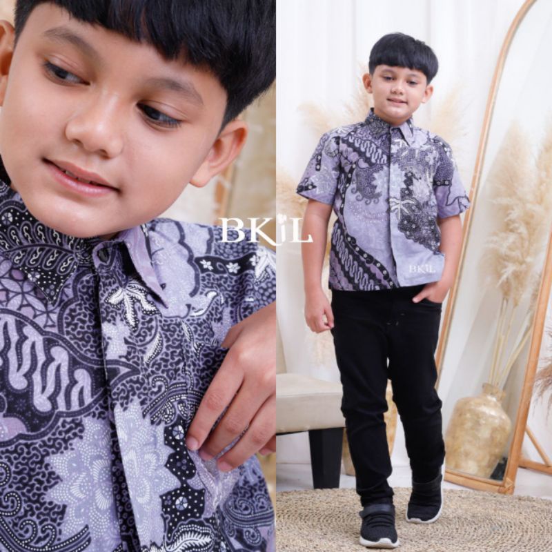 BKiL atasan hem kemeja batik anak cowok lengan pendek warna abu abu size 8 9 10 11 12 pesta kondanga