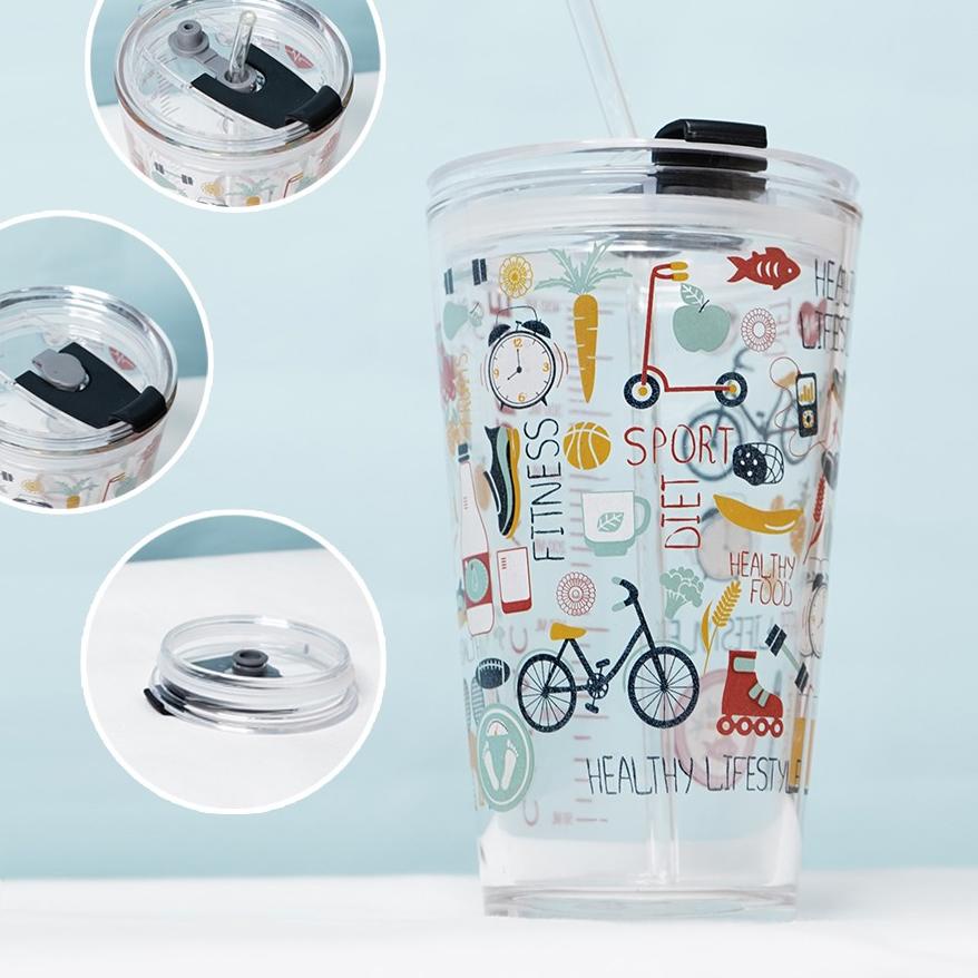 CUD-876 Gelas Mug Kaca Beling Sedotan Karakter 450 ML / Gelas Mug Sedotan Kaca Tutup Bening Lucu Aes