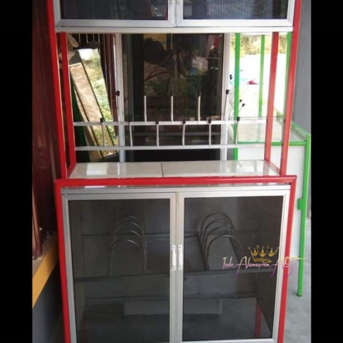 Rak Gelas Piring Pintu 4 Rak Dapur Alumunium Kaca