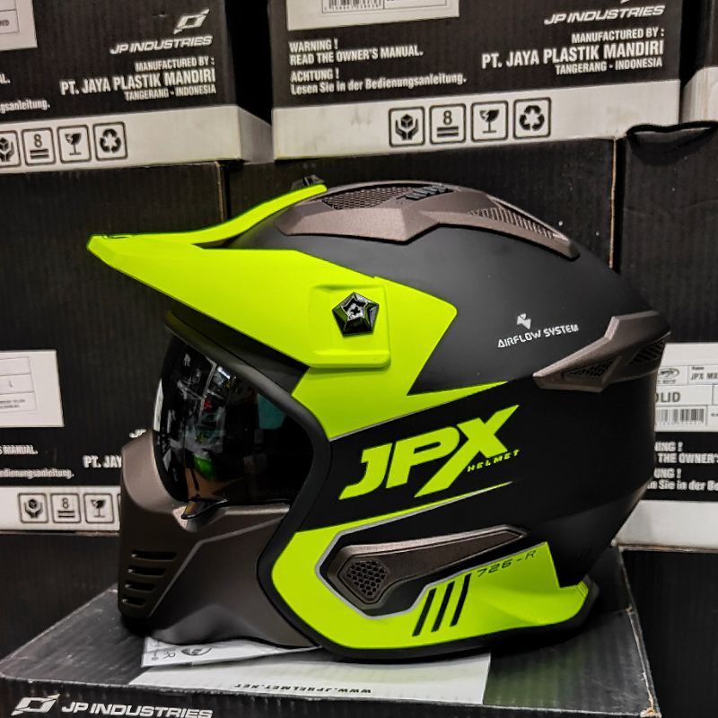 HELM JPX MX 726R BLACK DOFF YELLOW HELM SEMICROSS HELM SUPERMOTO JPX MX726R HITAM DOFF HELM TRIAL
