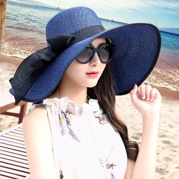 Topi pantai korea lebar anti panas straw hat summer hat pengehalang sinar UV matahari