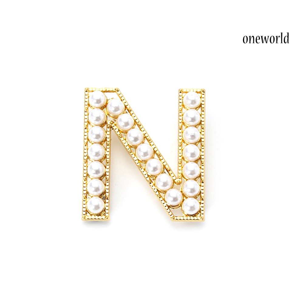 OW@ Elegant Women Faux Pearl Beaded Uppercase Letter Brooch Pin Suit Lapel Badge