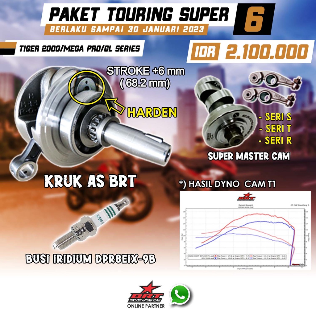 Paket Touring Super 6 BRT Camshaft / Kruk as Stroke Up dan Super Master Cam Noken as Tiger / GL Pro 