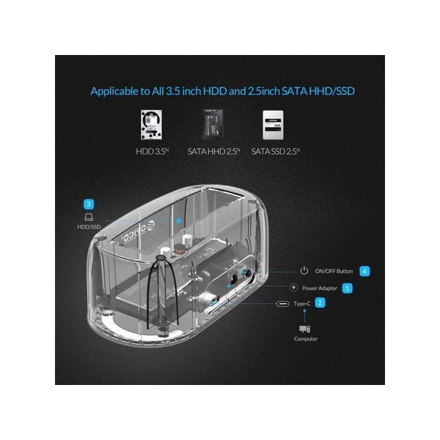 Docking harddisk ssd hdd orico 1 bay 2.5 3.5 sata usb3.1 Type-c 5Gbps transparent 6139c3 - Hard drive disk dock