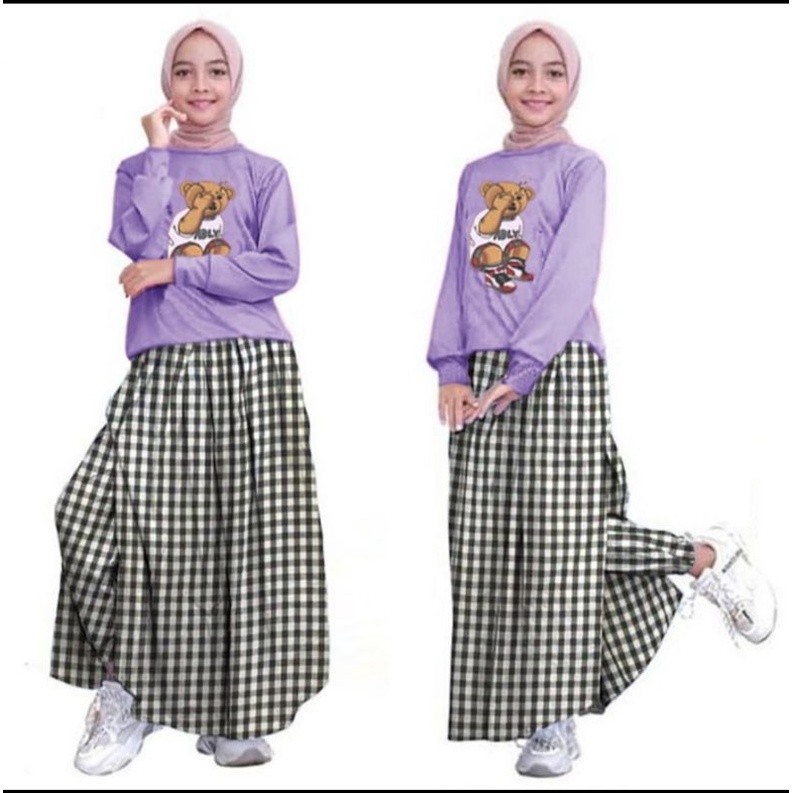 Setelan Remaja Set Baju Lengan Panjang Babyterry Rok Hitam Kotak Jumbo Bhn Katun Ukuran All Size Fas