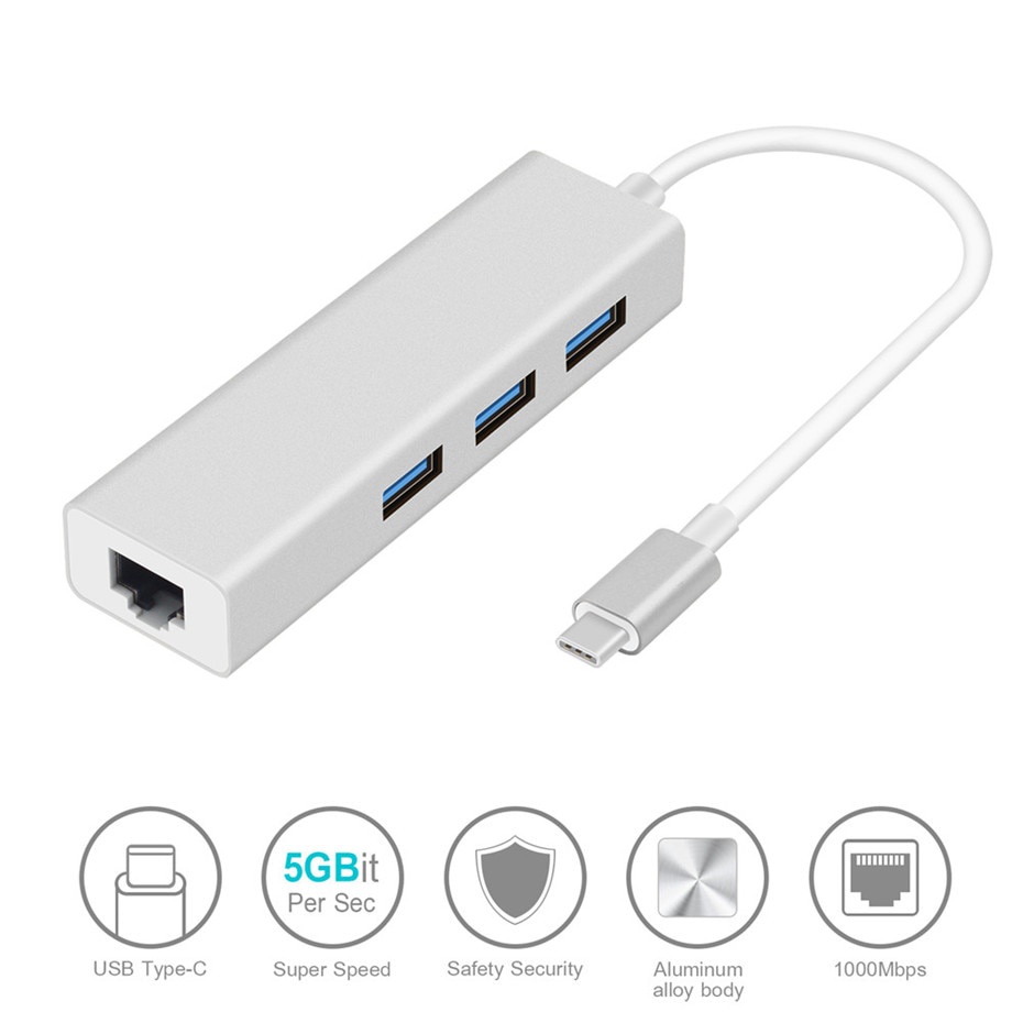 USB Type C Gigabit Lan Adapter RJ45 with 3 Port USB Hub 3.0 - TCH-3S - Silver