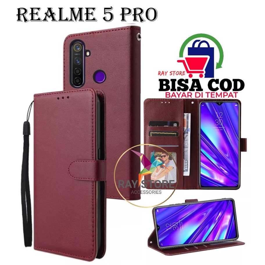 REALME 5 PRO FLIP LEATHER CASE PREMIUM-FLIP WALLET CASE UNTUK REALME 5 PRO CASING FLIP CASE