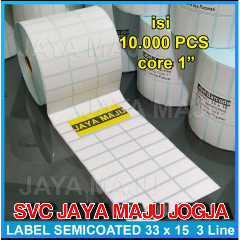 

33 X 15 SEMICOATED - 3 LINE - FACE OUT - ISI 10.000 PCS || CORE 1" || LABEL BARCODE PAKAI RIBBON THERMAL TRANSFER STIKER LABEL GUDANG PABRIK GARMEN TOKO KONVEKSI BAJU PAKAIAN CLOTHING DISTRO || 33X15 LABEL BARCODE PRINTER SEMICOAT - 10000 PCS