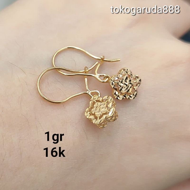 anting gantung anak dan dewasa emas asli kadar 700 70% 16k 22 gold merica bola permata kerawang bunga terbaru