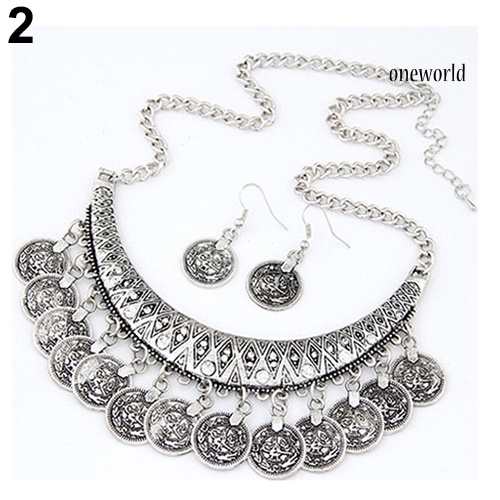 OW@ Women's Vintage Coin Style Choker Necklace Hook Earrings Statement Jewelry Set