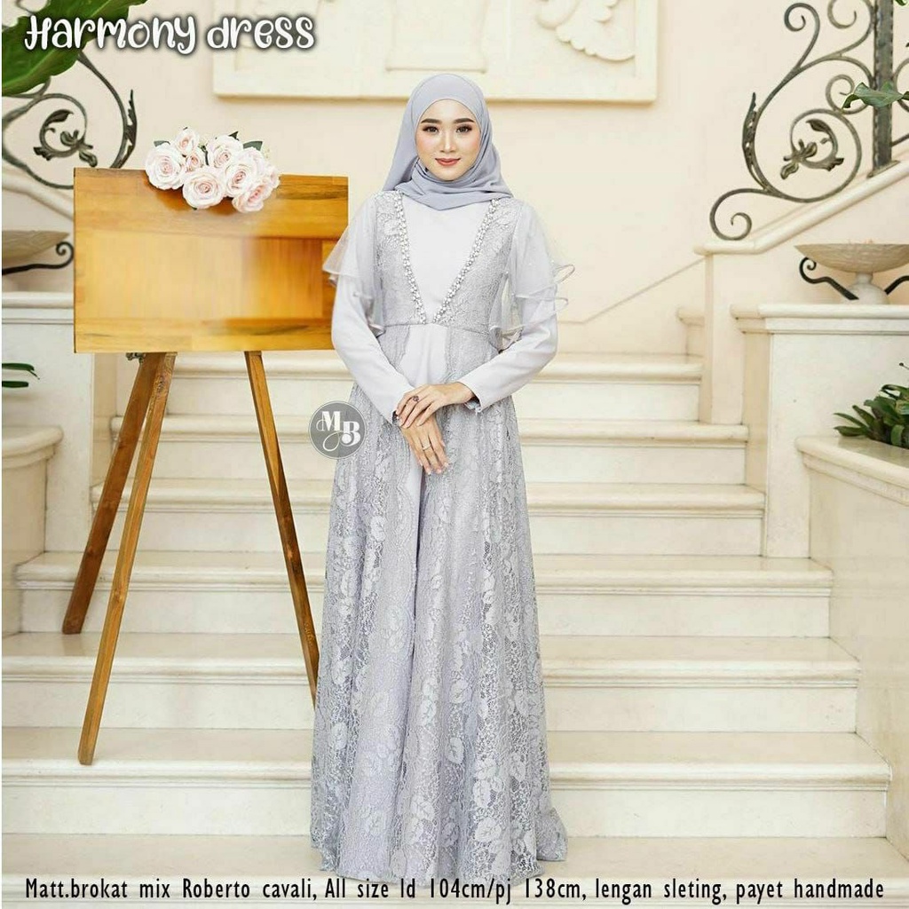 DRESS KOREA HARMONY DRESS FULL BRUKAT DRESS PESTA BRIDESMAID LILAC GAMIS MAXY OUTFIT KONDANGAN WEDDI