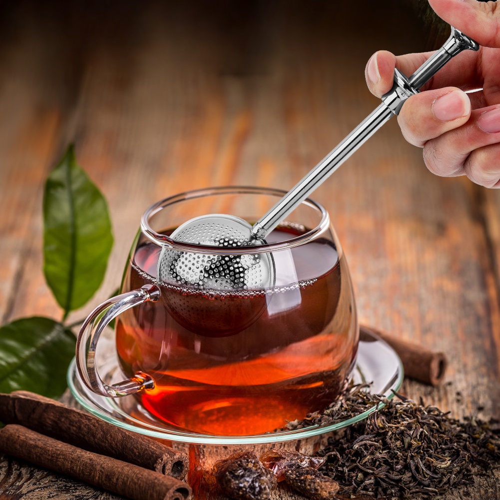 ღ Dapat Digunakan Kembali Teh Infuser Saringan Stainless Steel Bola Teh Filter Gagang Panjang Daun Teh Saringan Kopi Herbal Spice Filter Diffuser minuman Teh Herbal Aksesoris