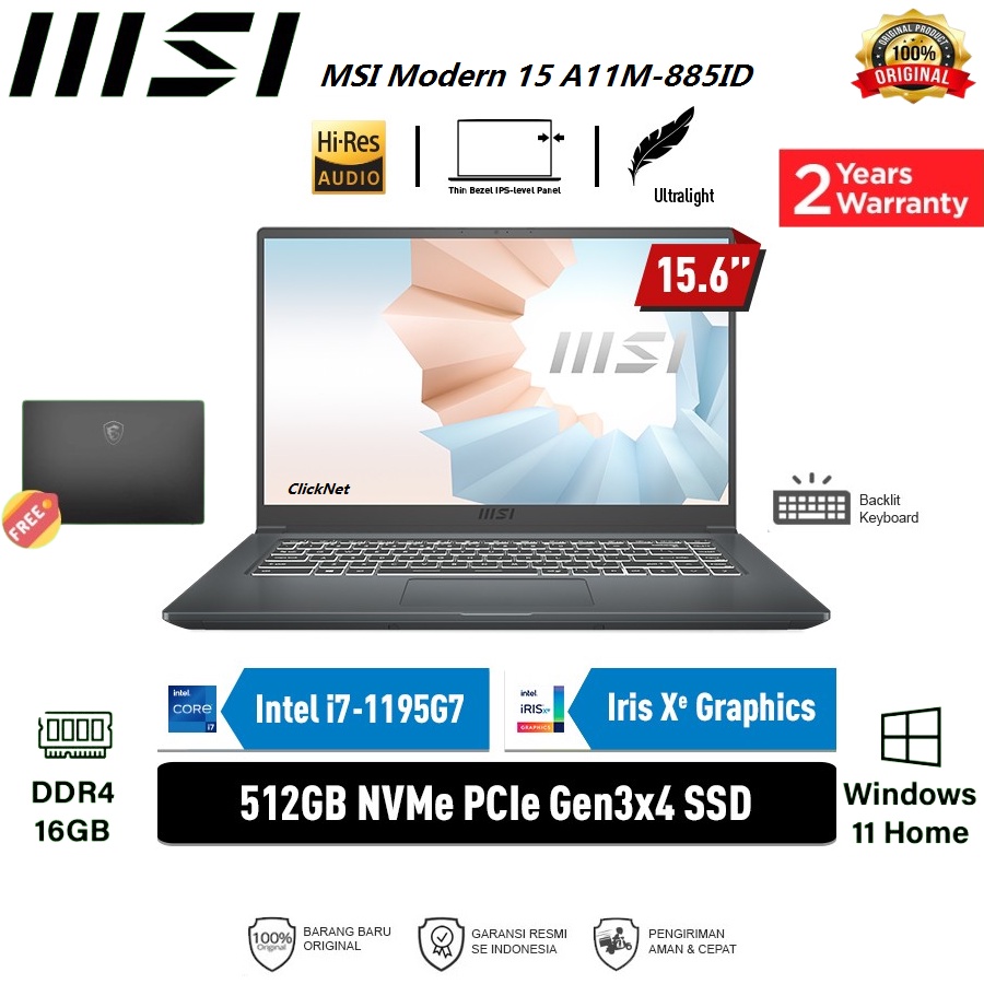 MSI Modern 15 A11M-885ID I7-1195G7 16GB 512GB SSD FHD IPS WIN11