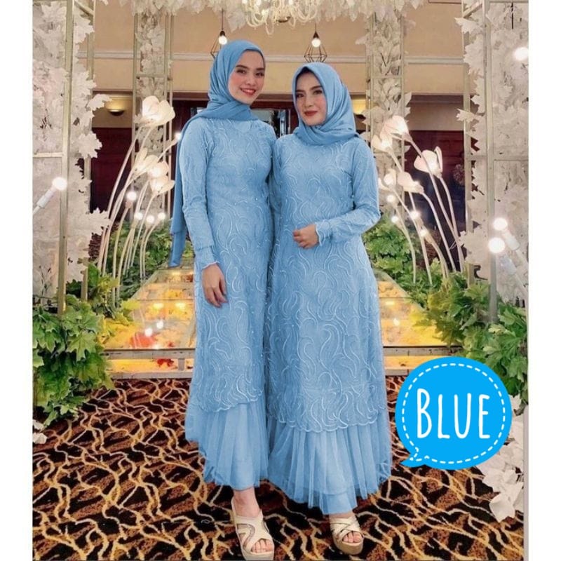BJ - Maxi Dress Gelardine Bahan Brukat Tile Mutiara - Gamis Wanita Brokat Tule Pesta Kondangan - Fashion Muslim