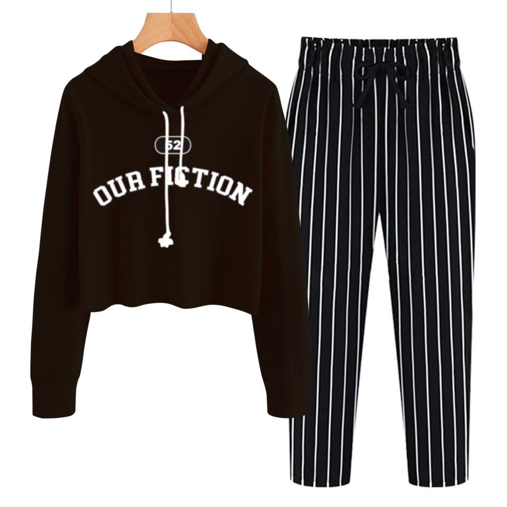 BESS - Baju Setelan Wanita Murah / Setelan Hoodie Crop + Celana Salur Hitam - OUR FICTION