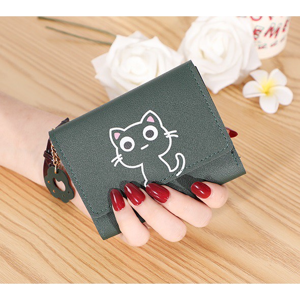 W15 Dompet Wanita Mini Happy Cat Perempuan Cewek Lucu Kantong Koin Kartu Uang Foto Cantik Women Wallet Kulit PU Leather Hitam Lipat Kecil Panjang  Sapi Korea Pria Cowok Laki Laki Cowo Import Premium Murah Tas Dompet Wanita Import Cewe Cantik Lipat