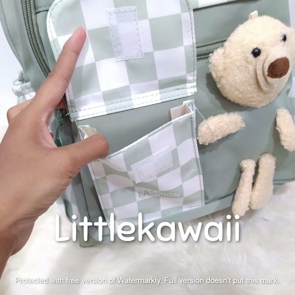 LK/Tas Ransel Laptop Backpack Parasut Sekolah Fashion Korean Style Anak Remaja Kantong Boneka Bear Square Import