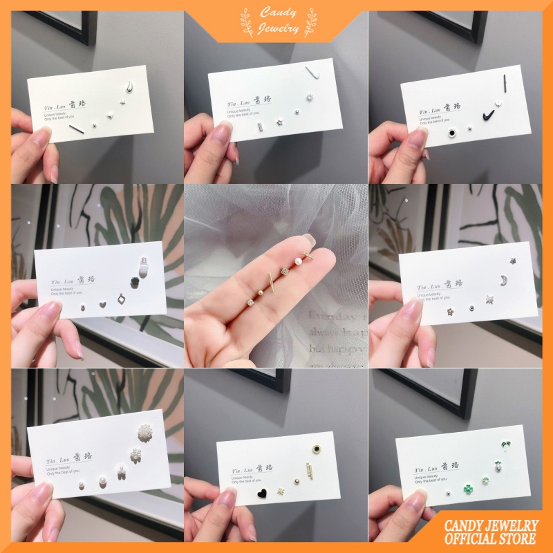 5pcs / 6pcs / Set Anting Tusuk Desain Geometri Bintang / Hati / Bulan / Bunga Warna Permen Untuk Wanita