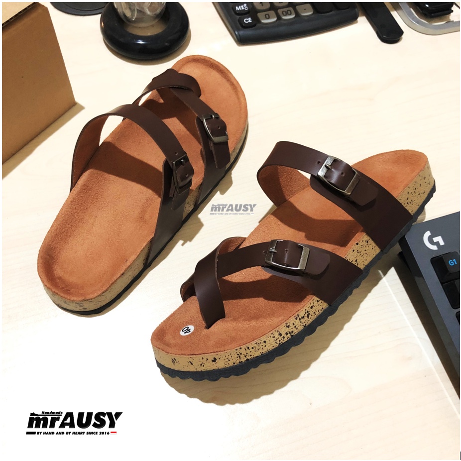 Sandal Japit Jepit Wanita Cewek Casual mrAUSY Ringan Strap 2 Gesper 2 Silang-Coklat Alas Mocca
