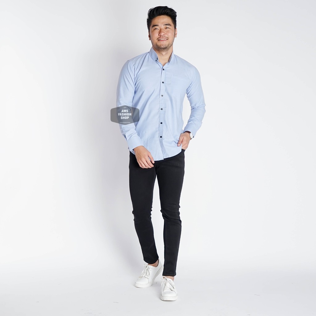 Baju Kemeja Lengan Panjang Pria Polos Oxford Biru Muda Soft Blue Casual Slimfit 3371