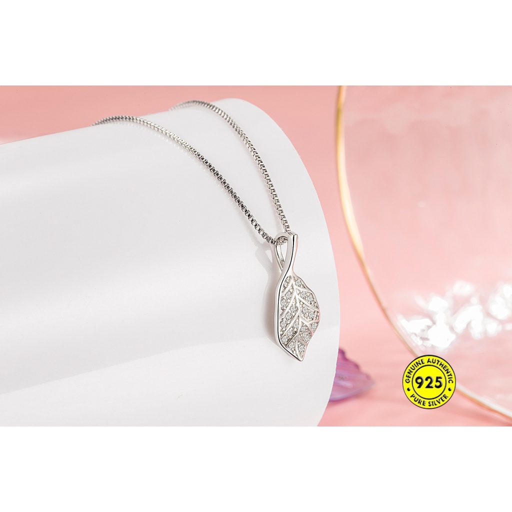 Kalung Rantai Sterling Silver 925 Dengan Liontin Daun Hias Berlian Imitasi Untuk Wanita