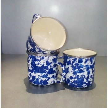MUG GELAS CANGKIR ENAMEL BLIRIK BLURIK LURIK BURIK LOREK LORENG BATIK JADUL KUNO ANTIK BIRU 6 CM