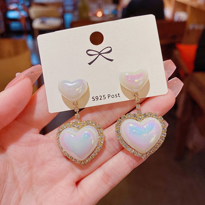 Anting Tusuk Bentuk Hati Aksen Mutiara Bahan 925 silver