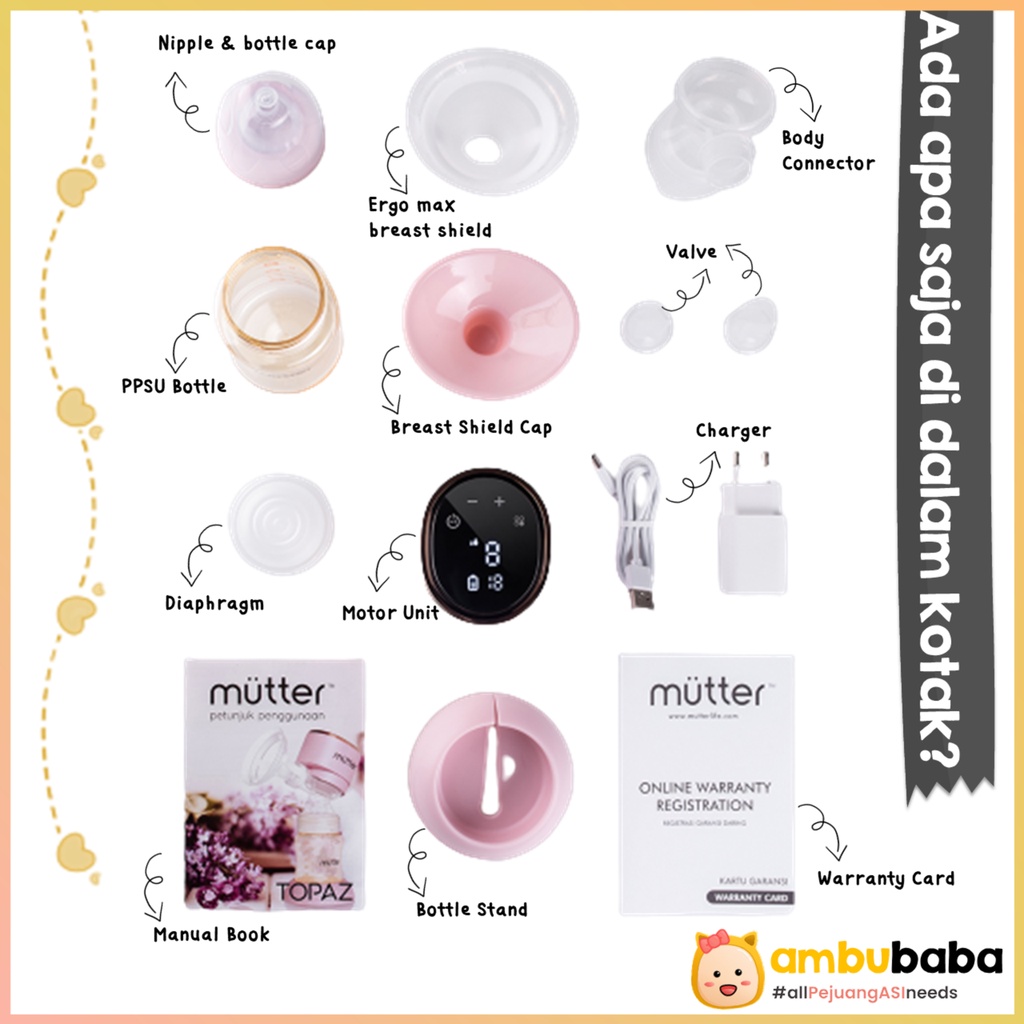 Mutter Topaz Integrated Single Electric Breast Pump Pompa ASI Elektrik Rechargeable Handsfree