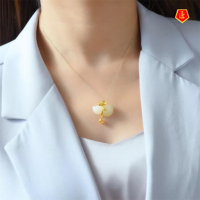 [Ready Stock]Hetian Jade Gourd Pendant Retro Gold Inlaid with Jade Chinese Style