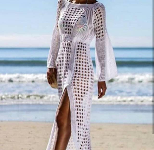 BIKINI BANDIT - White knit slit dress bikini outer pantai
