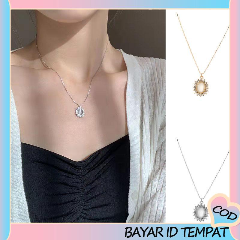 COD❤️ Retro Light Luxury Opal Kalung Wanita All-Match Hadiah Ulang Tahun Sederhana-A.one