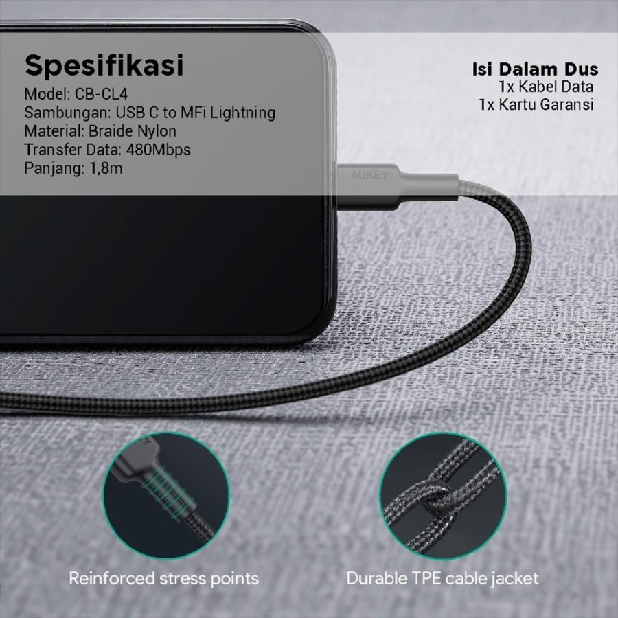 Kabel Charger iPhone Aukey CB-CL4 USB-C to Lightning 1.8m