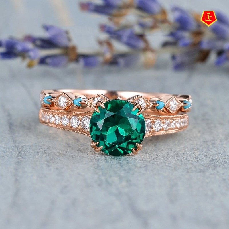 [Ready Stock]New Inlaid Emerald Ring 14K Rose Gold Elegant Graceful