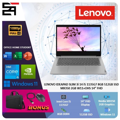 lenovo ideapad slim 3i 14 i5 1135g7 8gb 512gb ssd mx350 2gb windows 11 office 2021 14 inchi fhd ips 