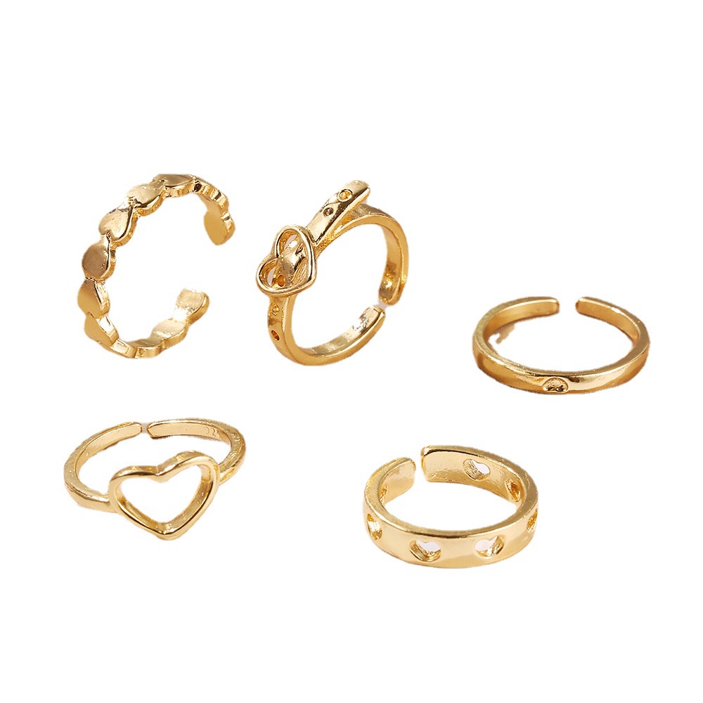 5pcs / Set Cincin Model Terbuka Desain Hati Hollow Gaya Simple / Retro Untuk Wanita