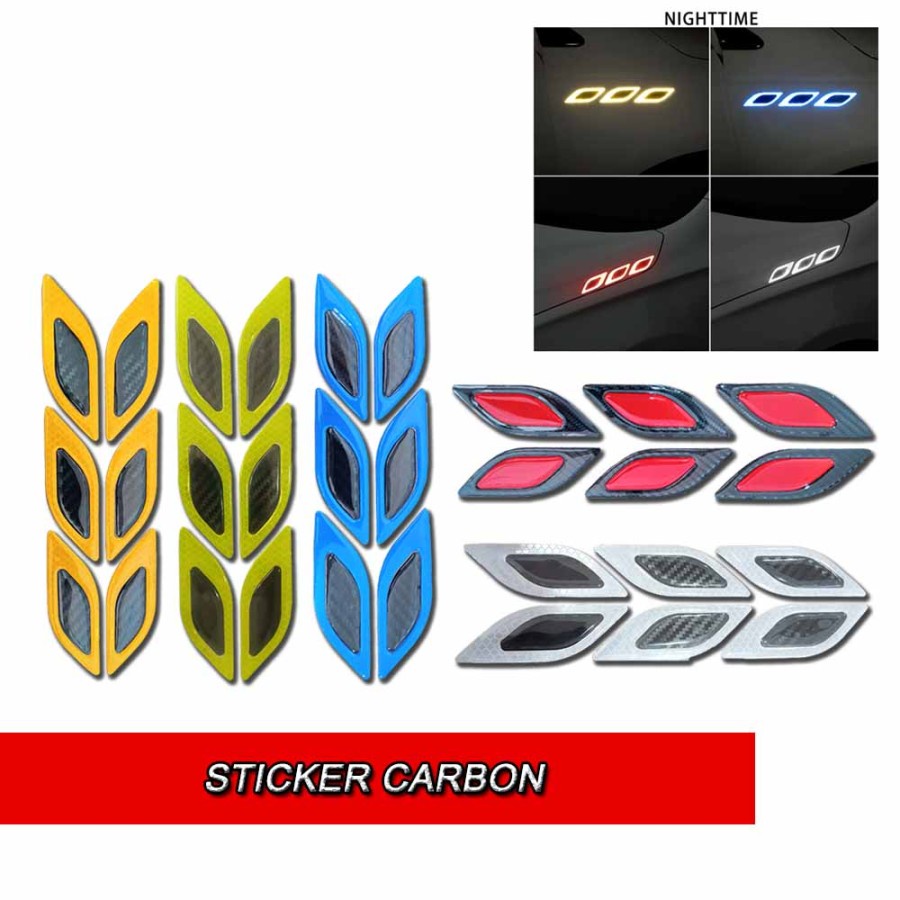 6 BUAH- 1 SET - STICKER 3 DIMENSI CARBON REFLECTOR STIKER KARBON MATA KUCING VARIASI MOBIL MOTOR TRUK