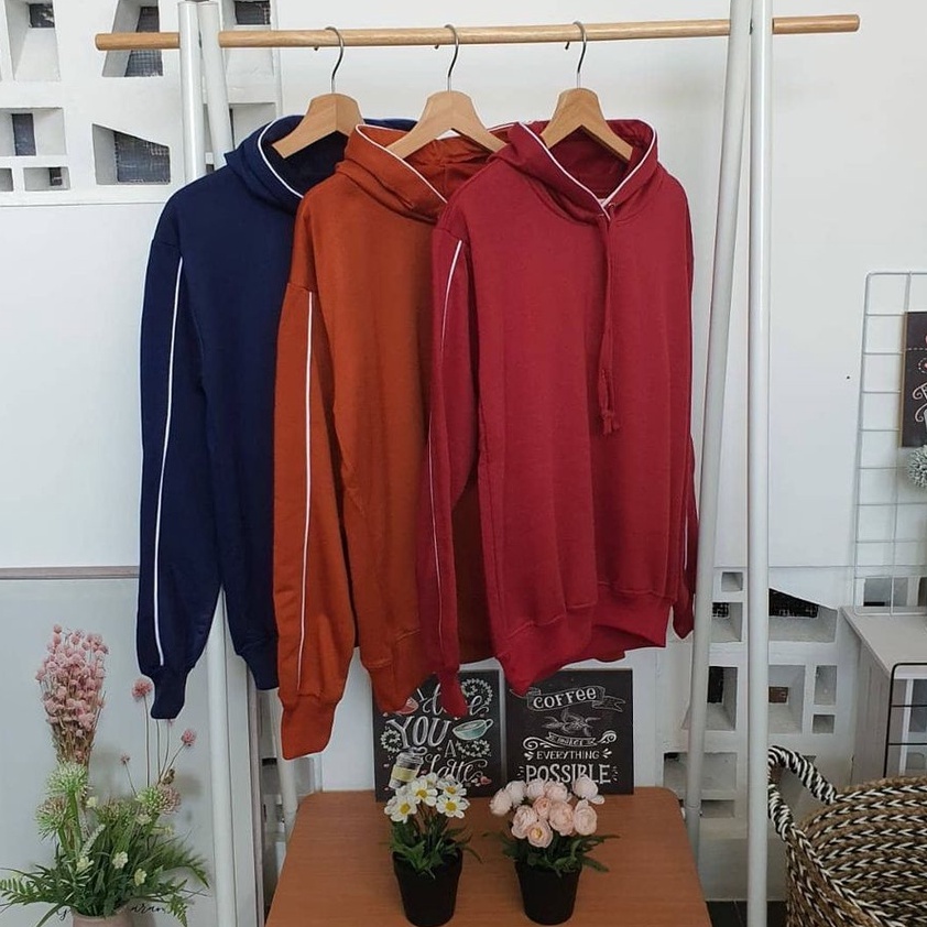 Primadona Hoodie Jumper Training List Tangan Garis Putih Polos