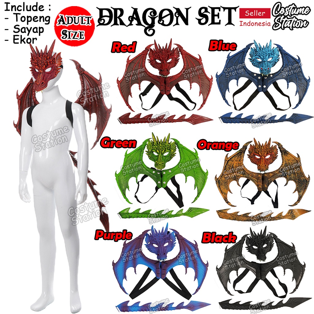 Set Topeng Sayap Ekor Naga / Dragon Mask Wings Tail Set Hewan Pesta Halloween dewasa