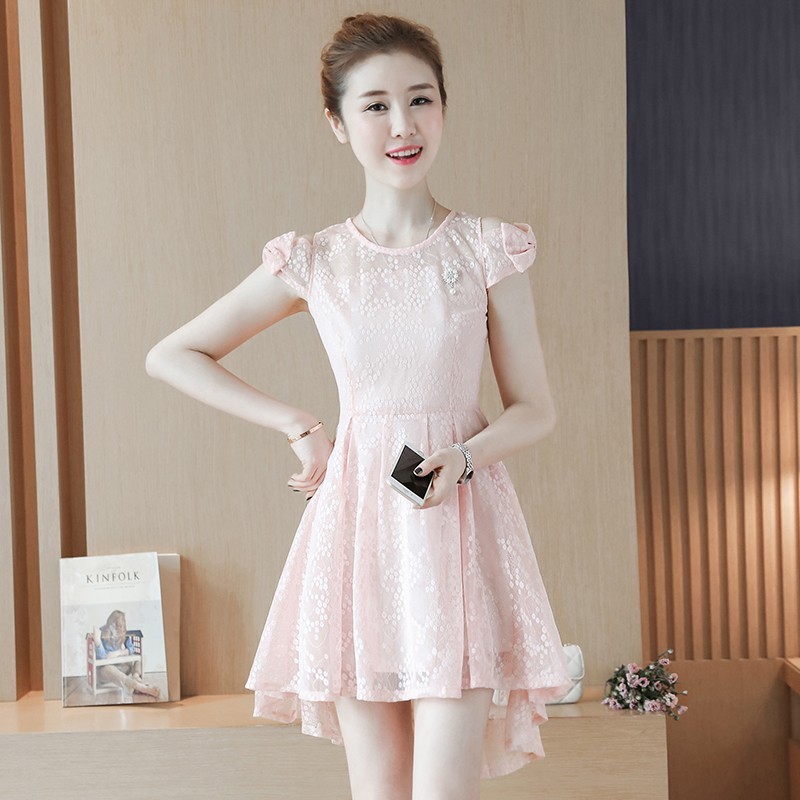 Dress Midi Wanita Model Slim Off Shoulder Bahan Lace Gaya Korea untuk Pesta / Musim Panas