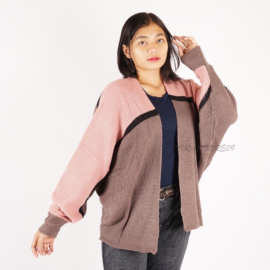 CARDIGAN BATWING RAJUT OVERSIZE PREMIUM / KOMBINASI / DUSTY BURGUNDY STRIP HITAM